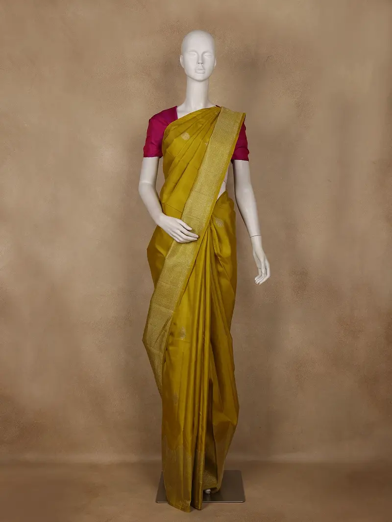 Mustard Yellow Butta Woven Pure Kanchipuram Silk Saree 1