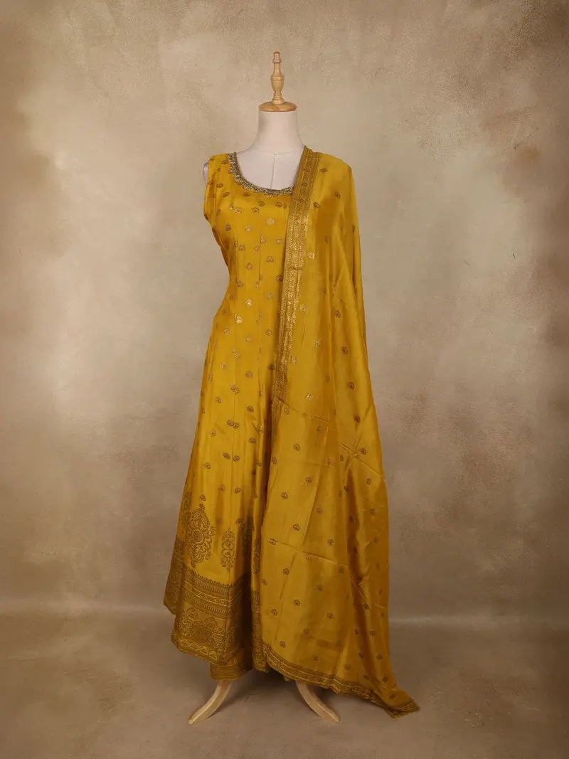 Mustard Yellow Butta Zari Woven Design Banarasi Palazzo Suit With Dupatta 1