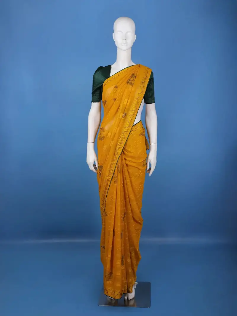 Mustard Yellow Butterfly Printed Chiffon Saree 1