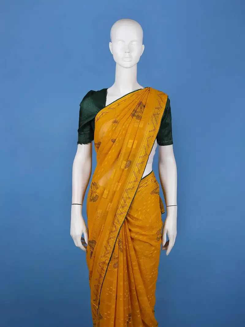 Mustard Yellow Butterfly Printed Chiffon Saree 2