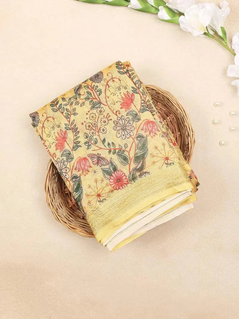Mustard Yellow Chanderi Silk Saree With Floral Design On The Body With Matching Border 1