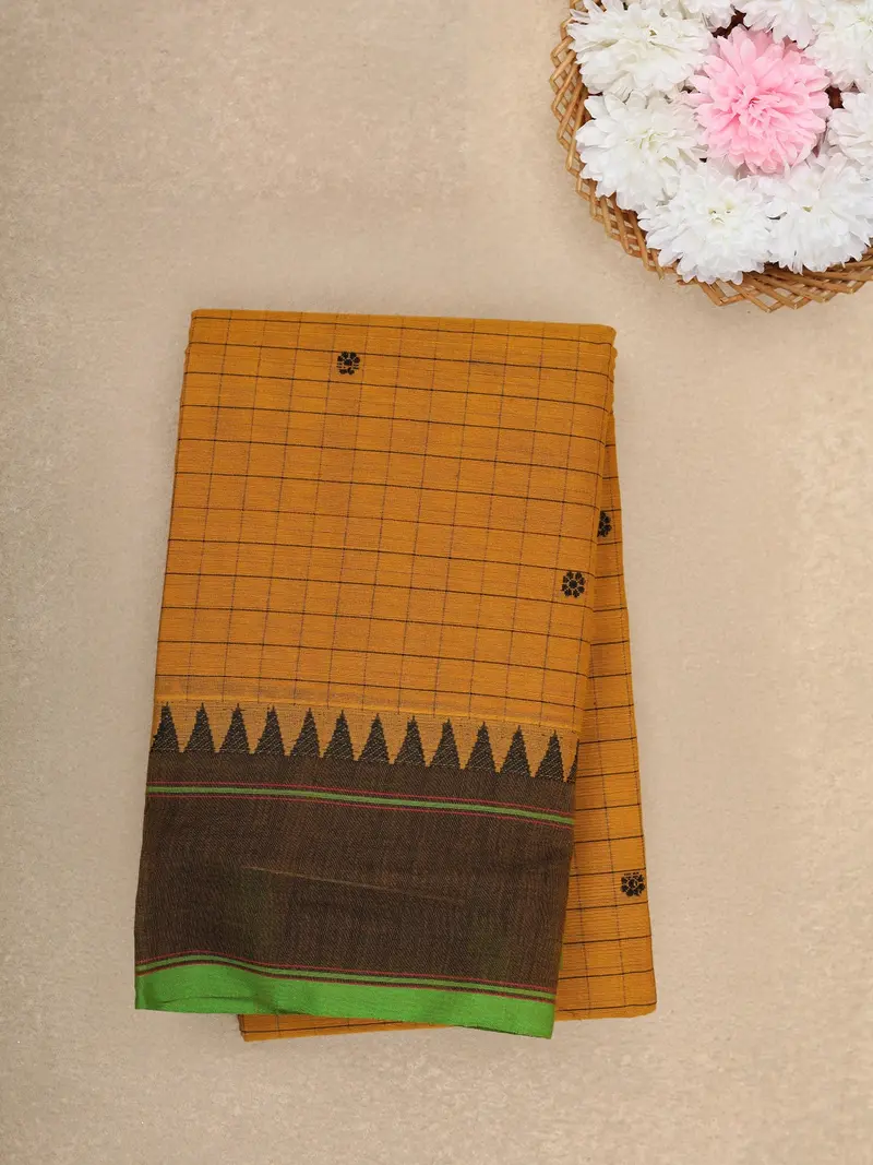 Mustard Yellow Checked Design Cotton Saree With Brown Temple Border 1