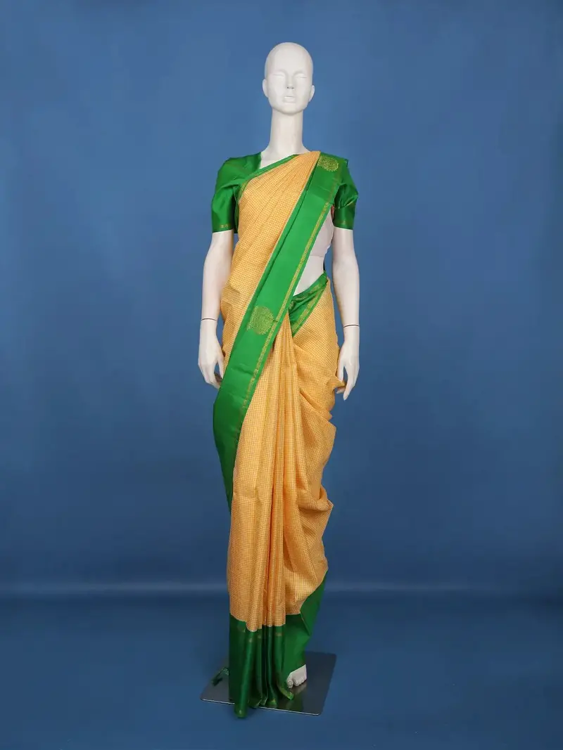 Mustard Yellow Checked Design Woven Pure Kanchipuram Silk Saree 1
