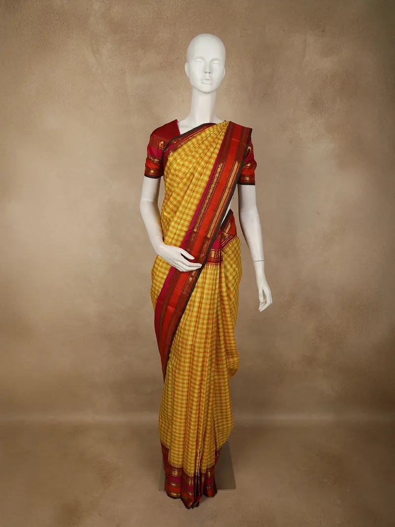 Mustard Yellow Checked Woven Design Pure Kanchipuram Silk Saree With Contrast Paisley Border 1