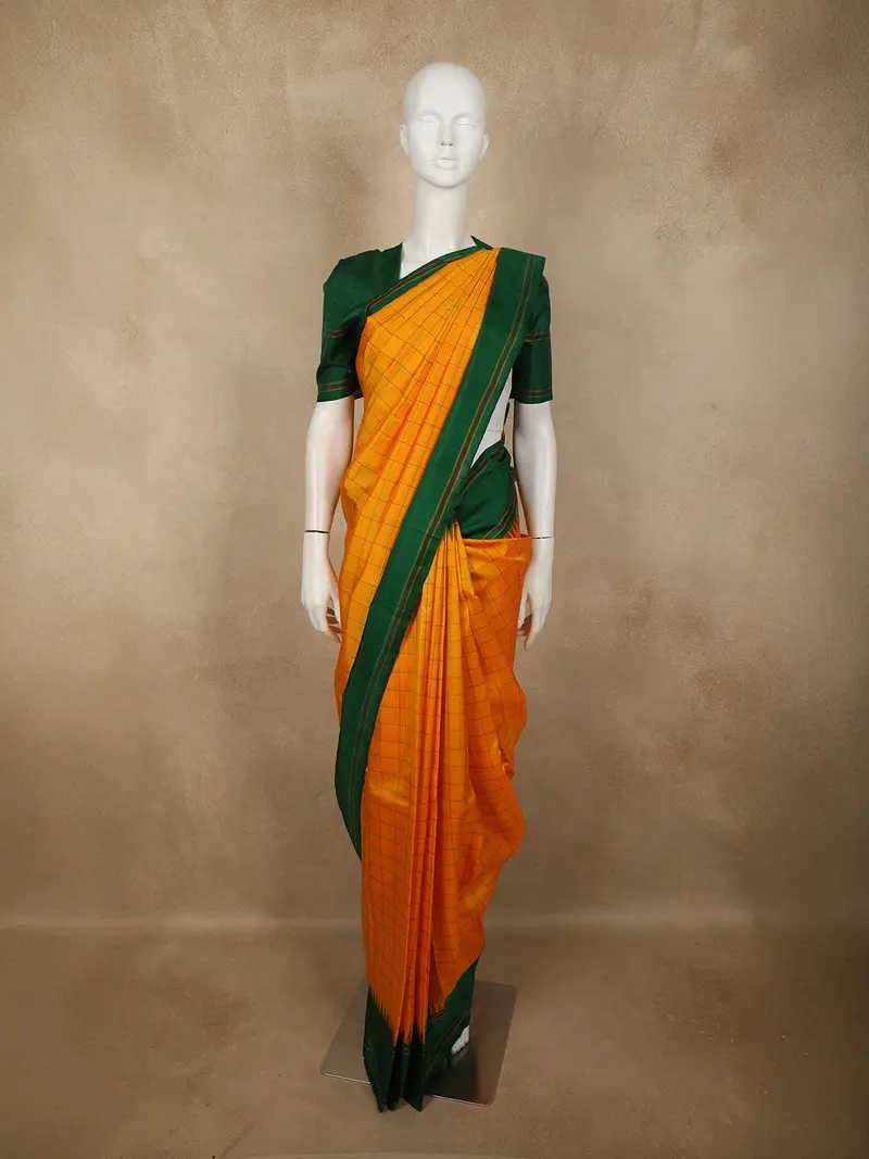 Mustard Yellow Checked Woven Design Pure Kanchipuram Silk Saree With Contrast Temple Border 1