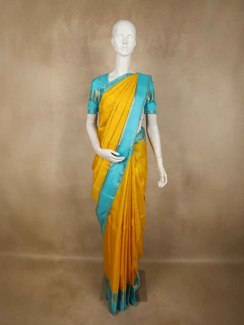 Mustard Yellow Checked Woven Design Pure Kanchipuram Silk Saree With Contrast Zari Border 1