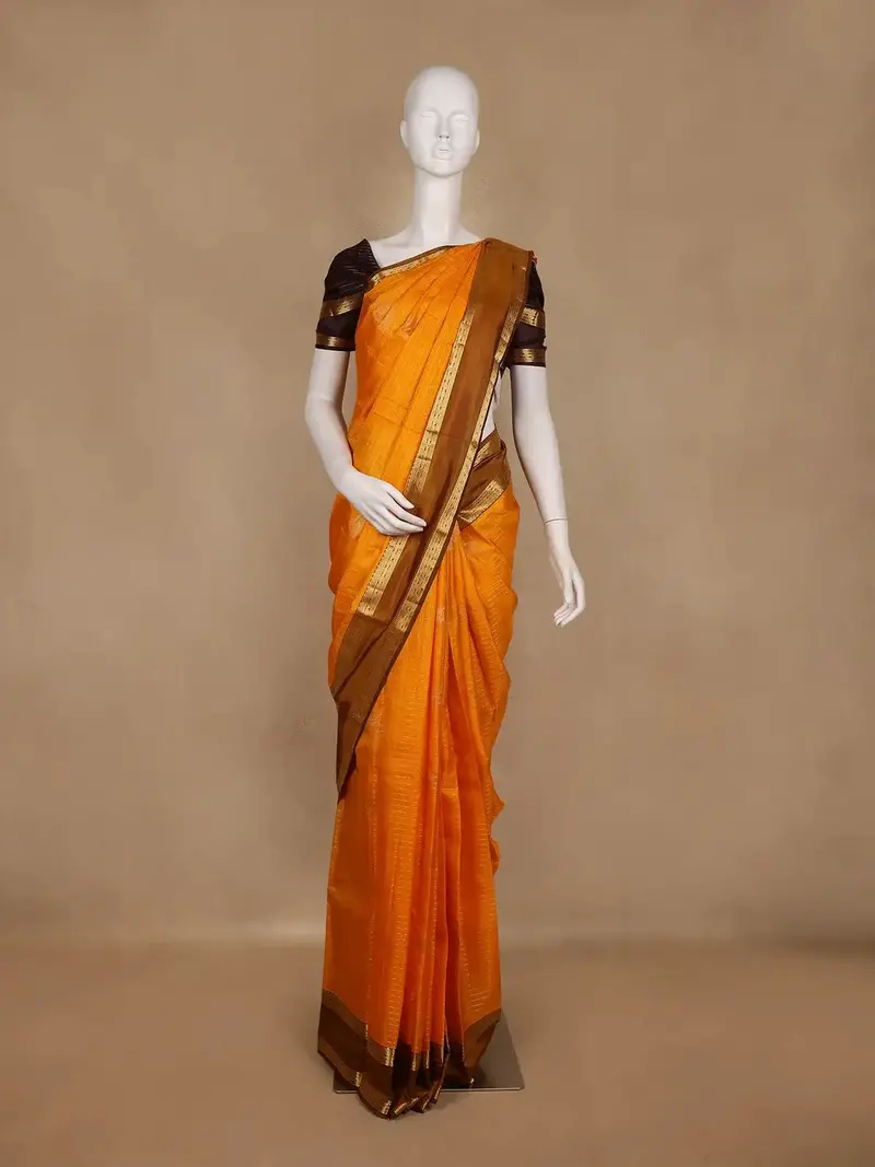 Mustard Yellow Checked Woven Pure Kanchipuram Silk Saree With Zari Border 1