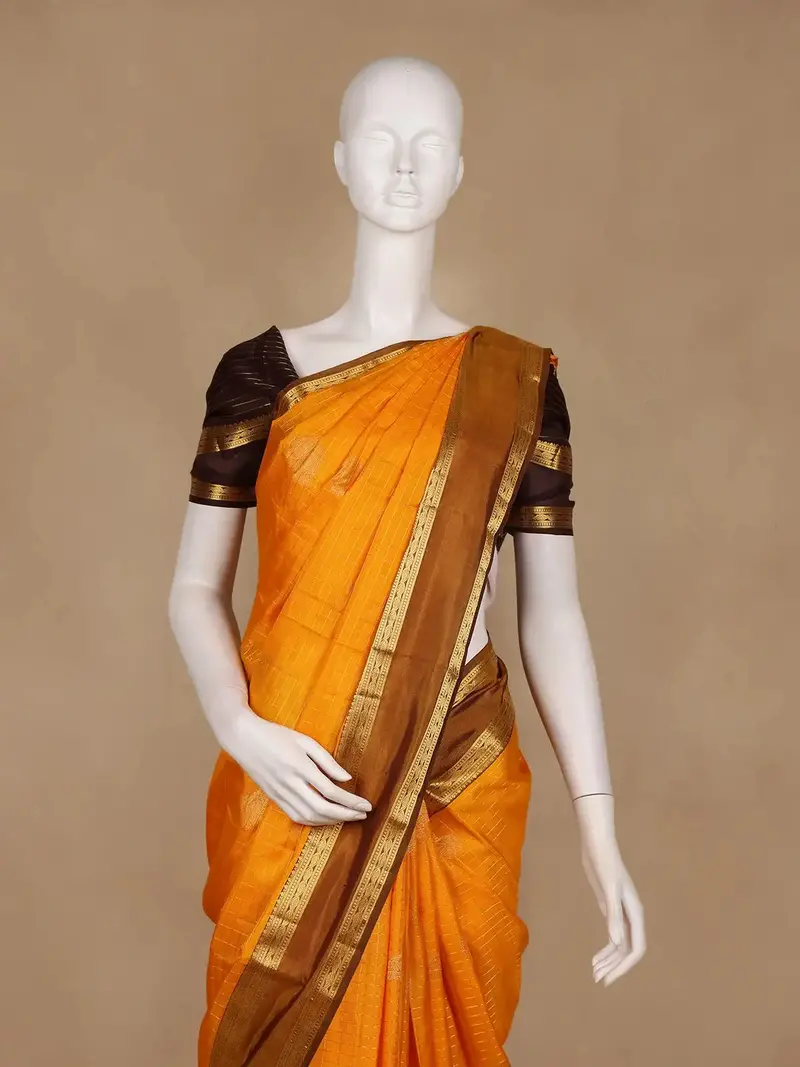 Mustard Yellow Checked Woven Pure Kanchipuram Silk Saree With Zari Border 2