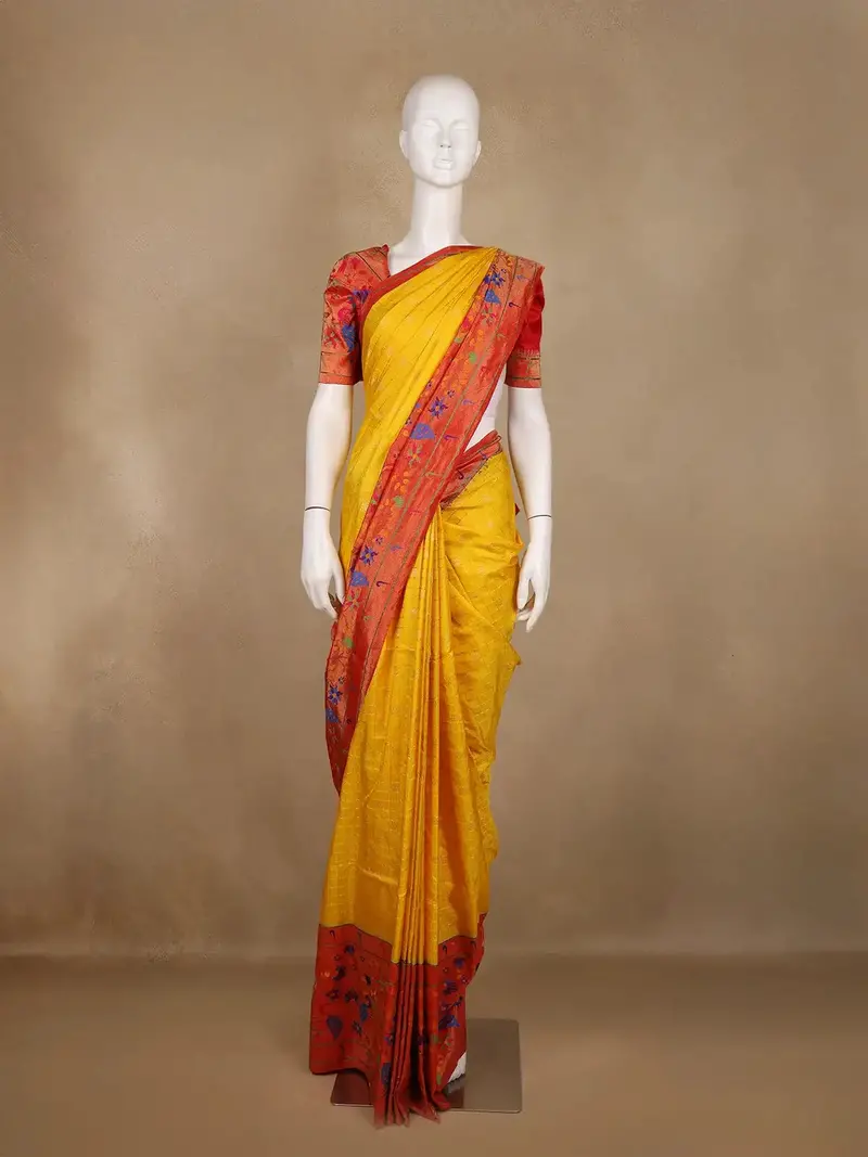 Mustard Yellow Checks Design Silk Saree With Red Border And Peacock Motifs 1