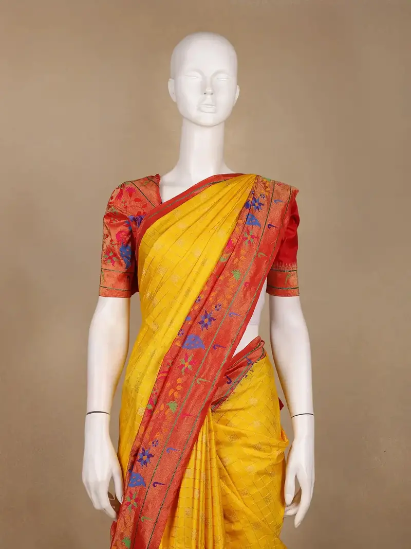 Mustard Yellow Checks Design Silk Saree With Red Border And Peacock Motifs 2