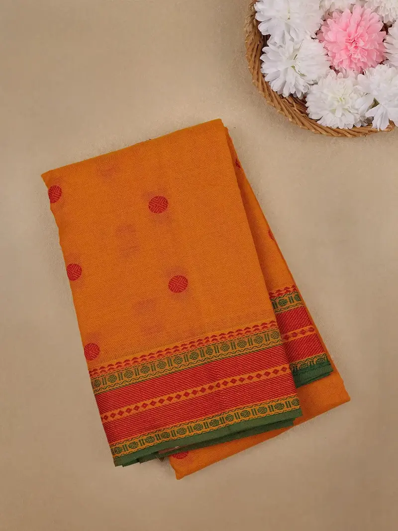 Mustard Yellow Circular Butta Cotton Saree With Contrast Red And Green Border 1
