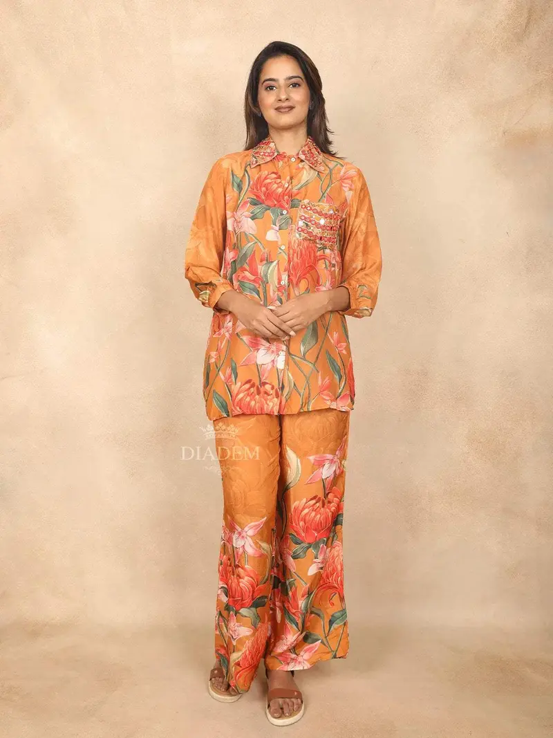 Mustard Yellow Cotton Co-Ord Salwar Suit For Women Adorned With Mirror And Floral Design And Without Dupatta 1