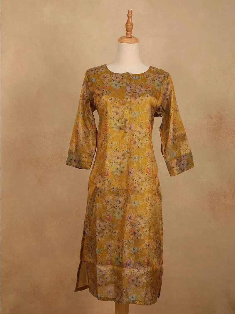 Mustard Yellow Cotton Kurti Top Adorned With Flower Prints, Without Dupatta 1