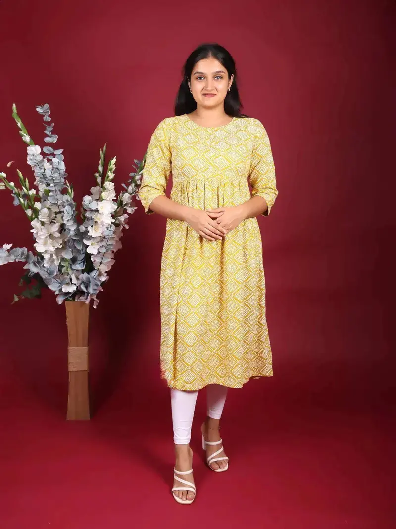 Mustard Yellow Cotton Kurti With Design Prints 1