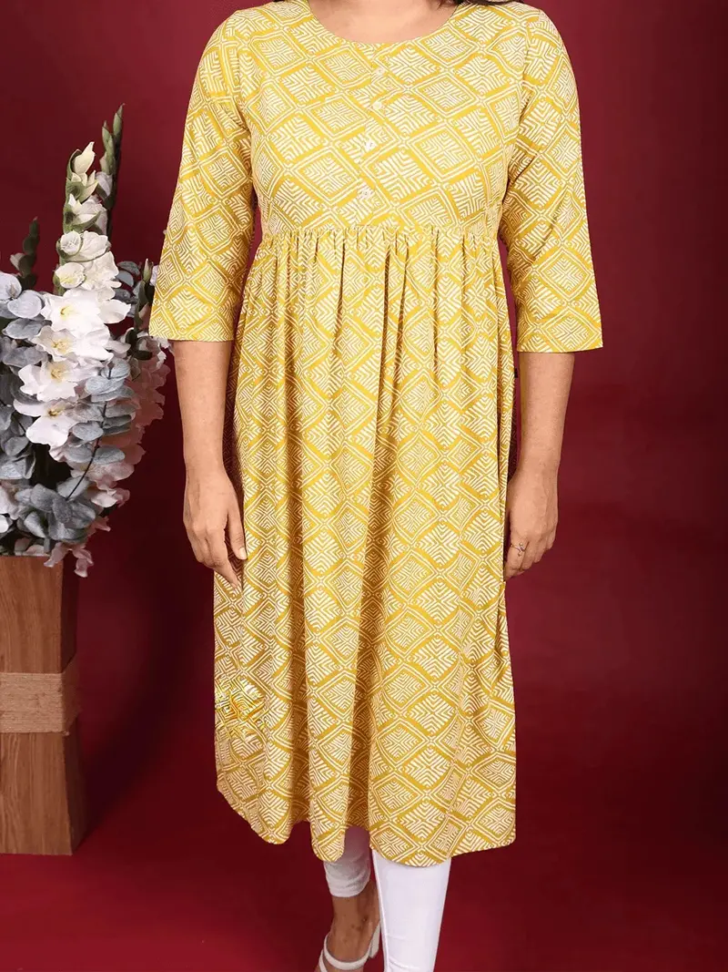 Mustard Yellow Cotton Kurti With Design Prints 2
