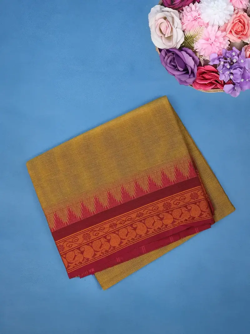 Mustard Yellow Cotton Saree With Maroon Temple Border 1
