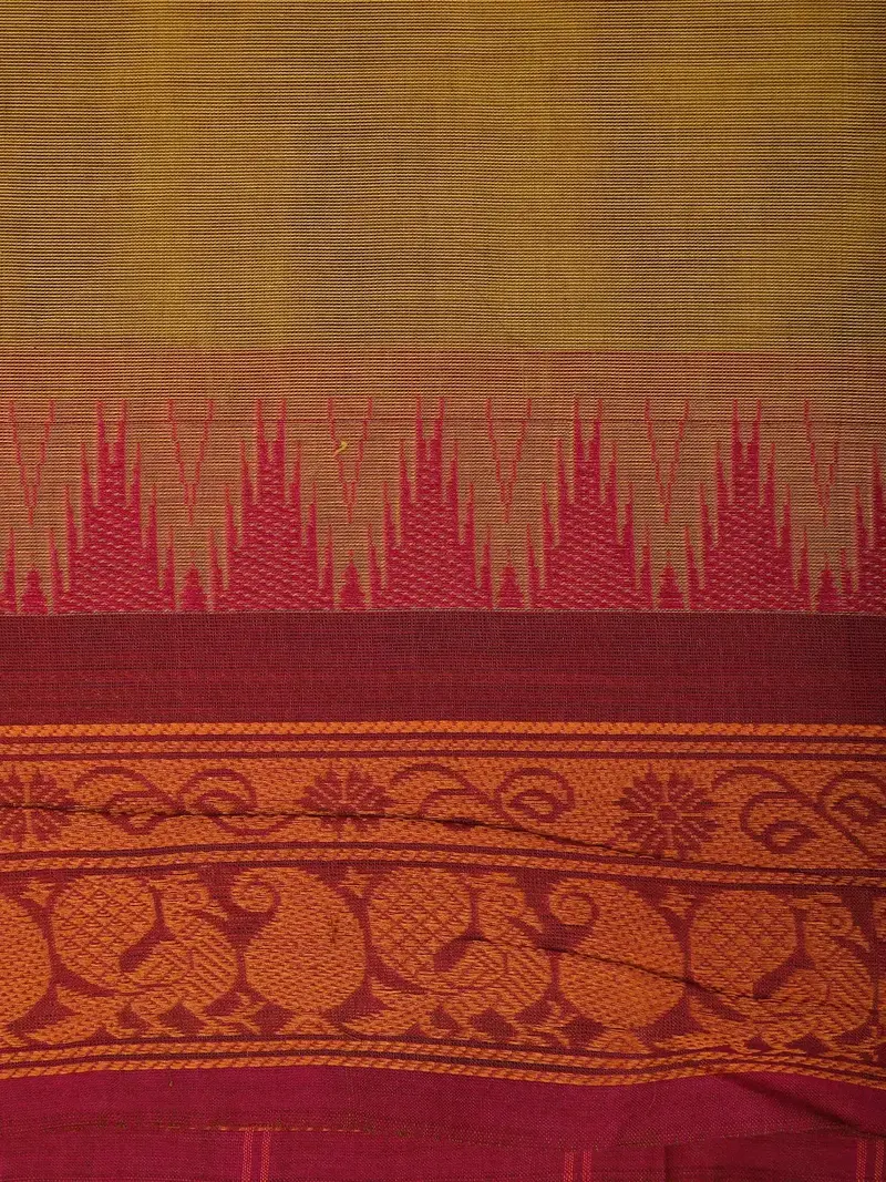 Mustard Yellow Cotton Saree With Maroon Temple Border 2