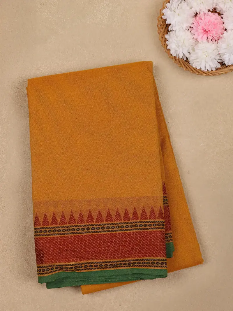 Mustard Yellow Cotton Saree With Tribal Woven Border 1