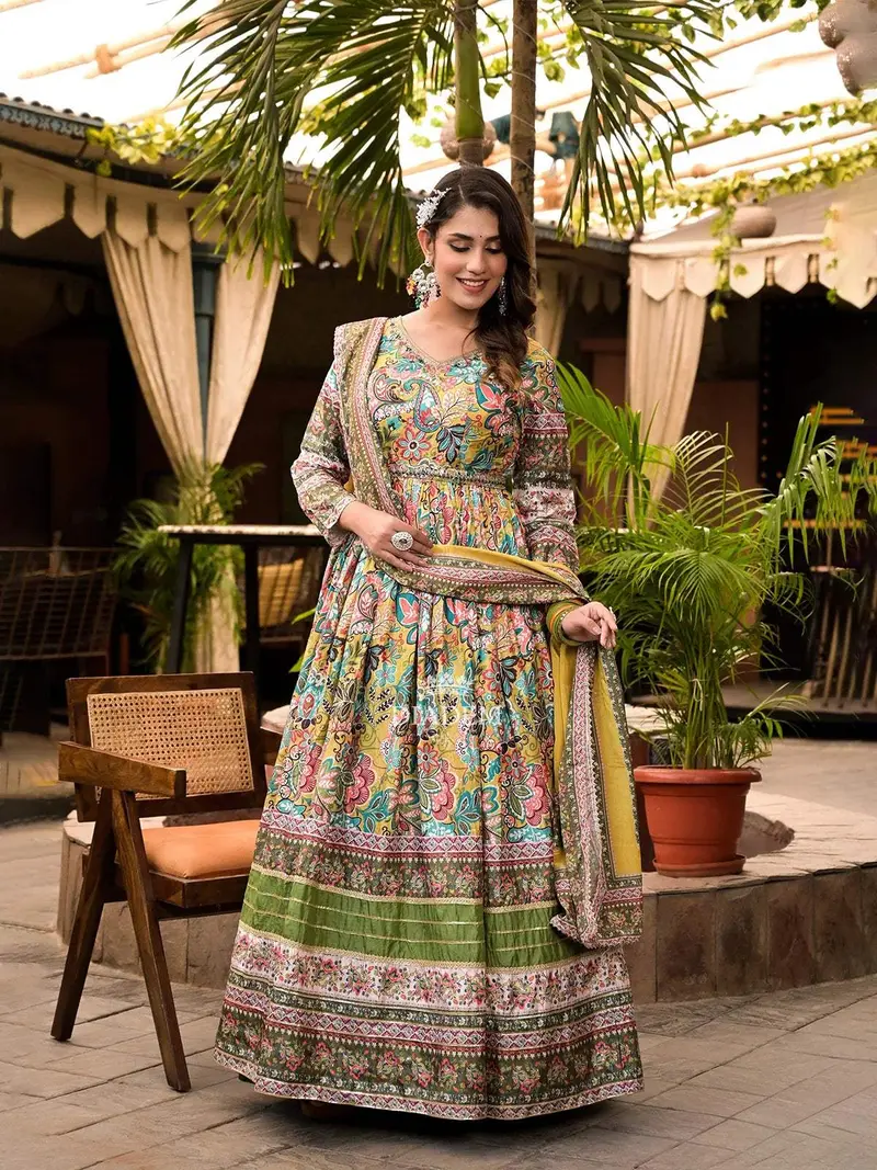 Mustard Yellow Crepe Anarkali Salwar Suit With Floral Prints Paired With Dupatta And Waist Belt 1