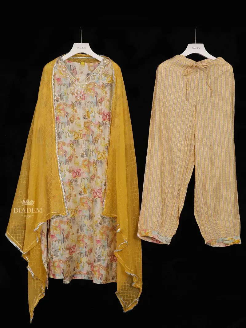Mustard Yellow Crepe Straight Cut Salwar Suit Adorned With Floral Prints, Paired With Dupatta 1