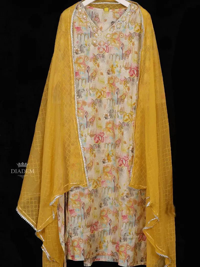 Mustard Yellow Crepe Straight Cut Salwar Suit Adorned With Floral Prints, Paired With Dupatta 2