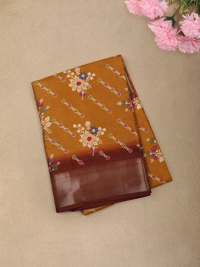 Mustard Yellow Diagonal Floral Printed Design Mixed Cotton Casual Wear Saree With Contrast Border 1