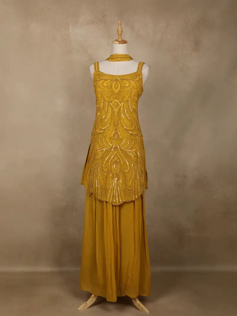 Mustard Yellow Embellished Design Georgette Palazzo Suit 1
