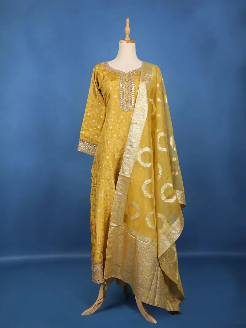 Mustard Yellow Embellished Design Semi Silk Salwar Suit 2