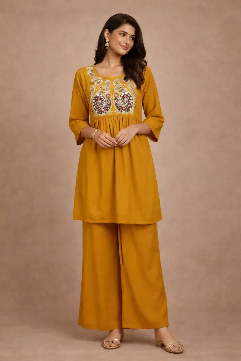 Mustard Yellow Embroidered Cotton Palazzo Suit 1