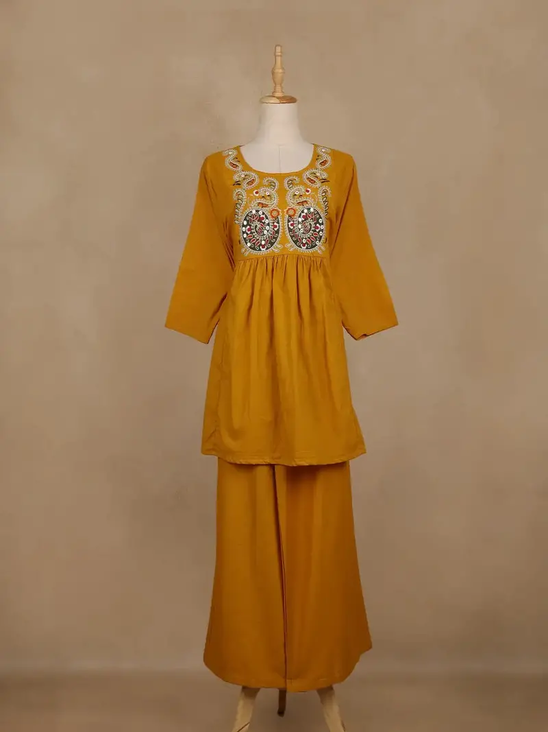 Mustard Yellow Embroidered Cotton Palazzo Suit 2