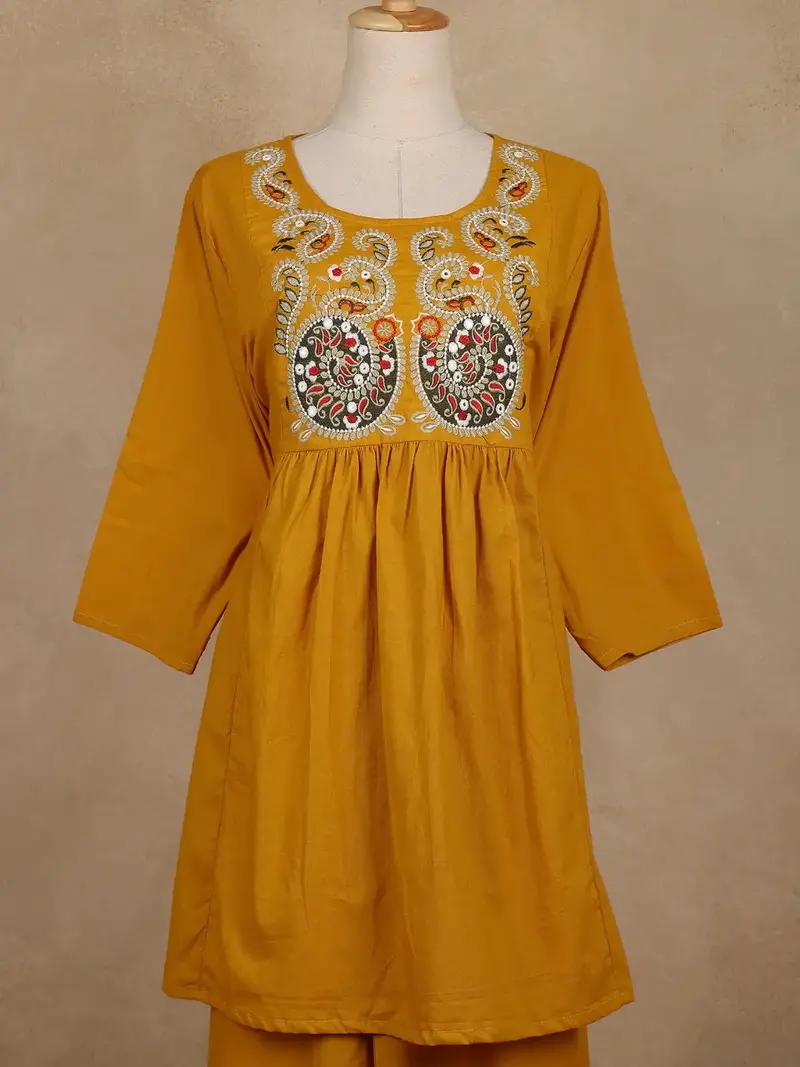 Mustard Yellow Embroidered Cotton Palazzo Suit 3