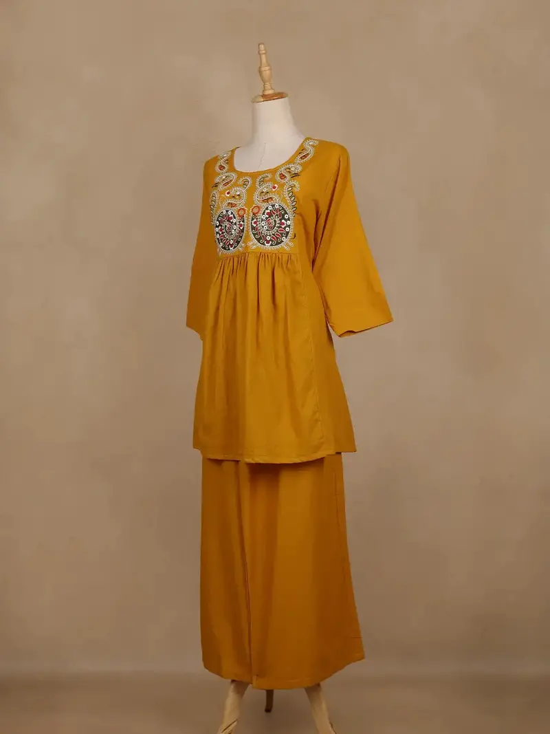 Mustard Yellow Embroidered Cotton Palazzo Suit 4