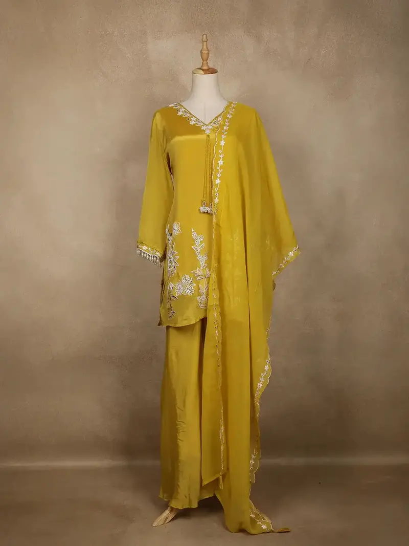 Mustard Yellow Embroidered Design Crepe Sharara Salwar Suit 1