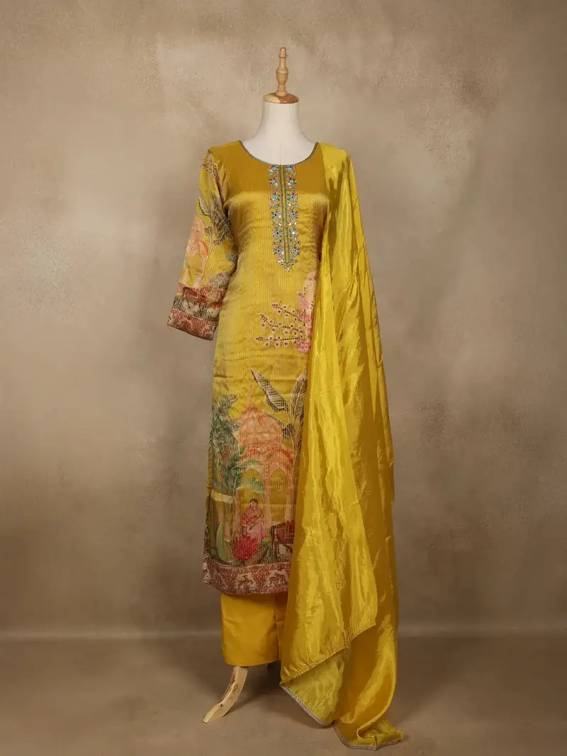 Mustard Yellow Embroidered Design Tissue Silk Salwar Suit 1