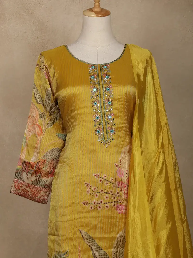 Mustard Yellow Embroidered Design Tissue Silk Salwar Suit 2