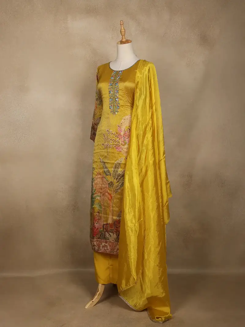 Mustard Yellow Embroidered Design Tissue Silk Salwar Suit 3