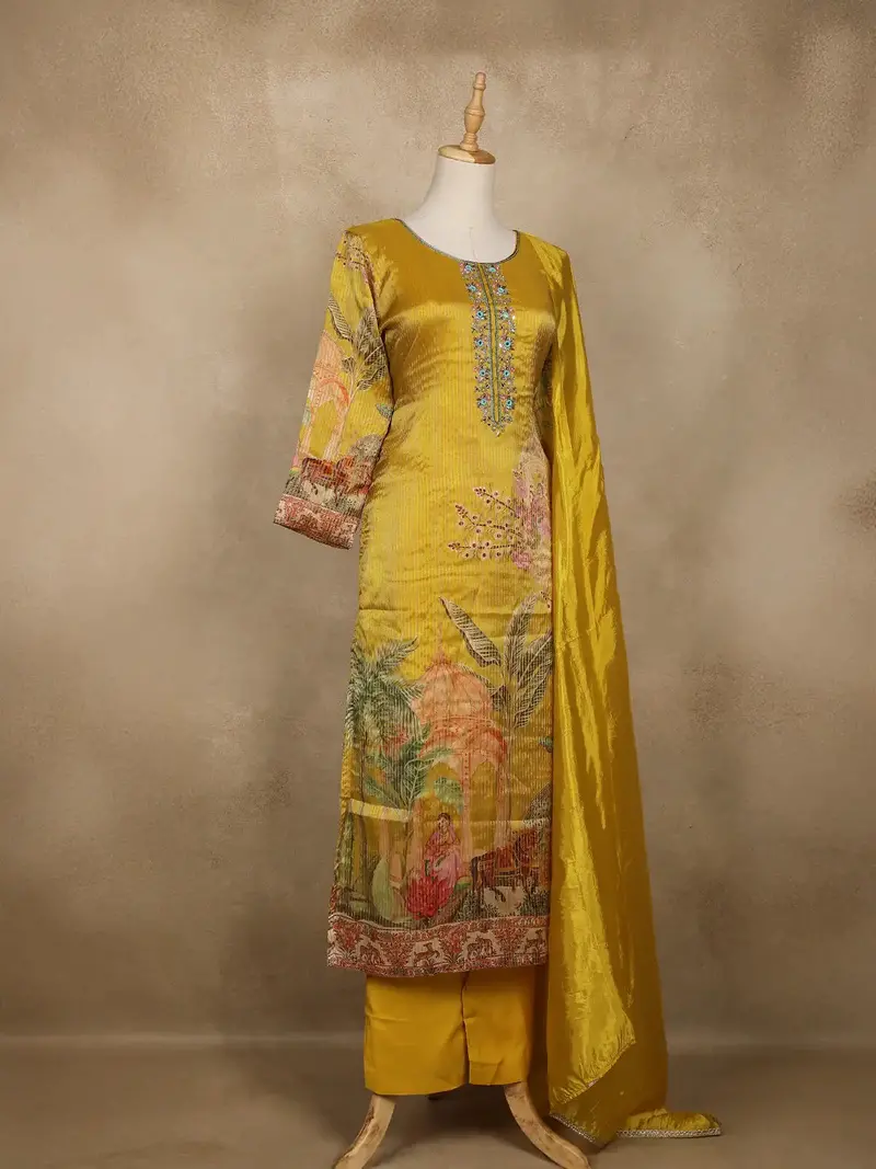 Mustard Yellow Embroidered Design Tissue Silk Salwar Suit 4