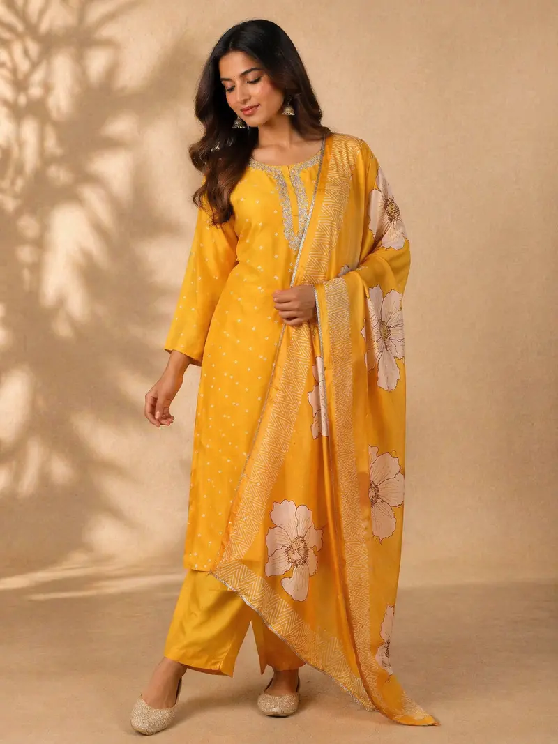 Mustard Yellow Embroidered Polka Dot Straight Cut Salwar Suit 1