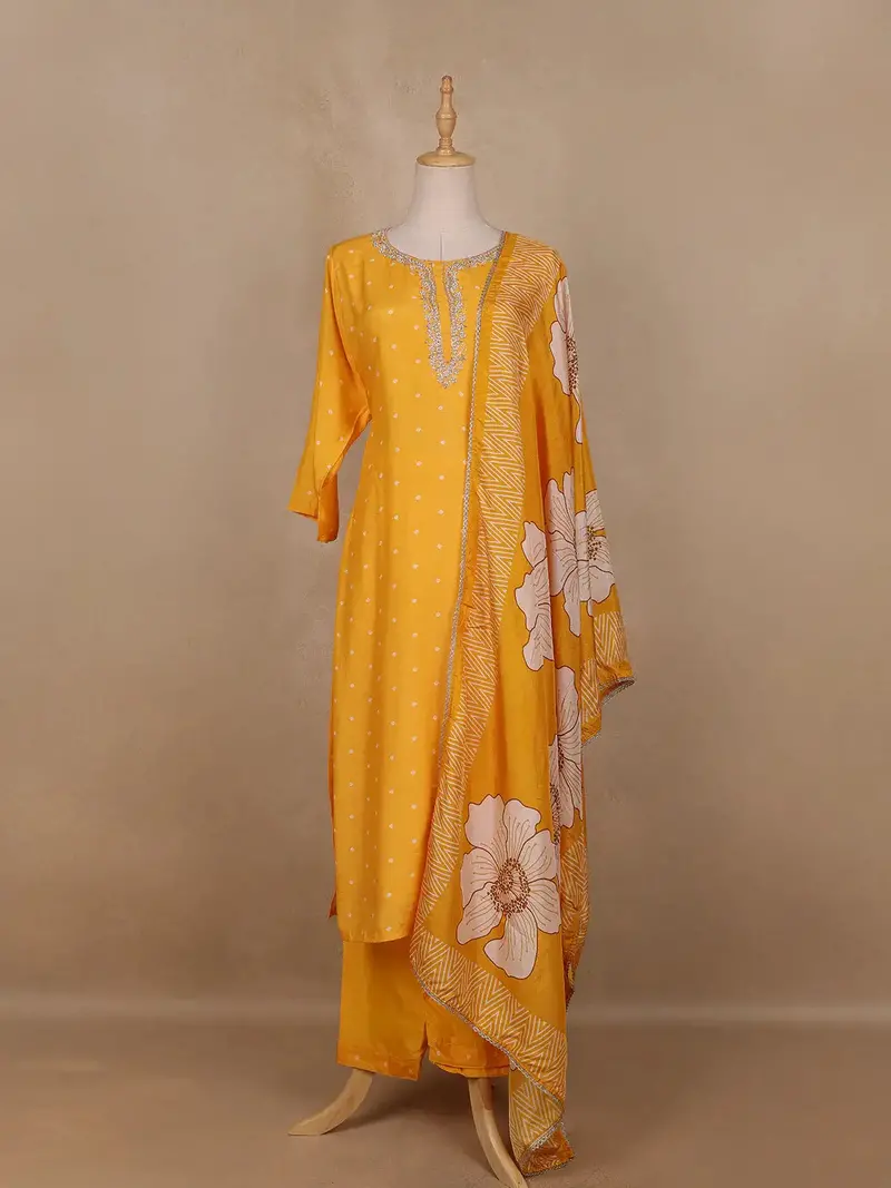 Mustard Yellow Embroidered Polka Dot Straight Cut Salwar Suit 2