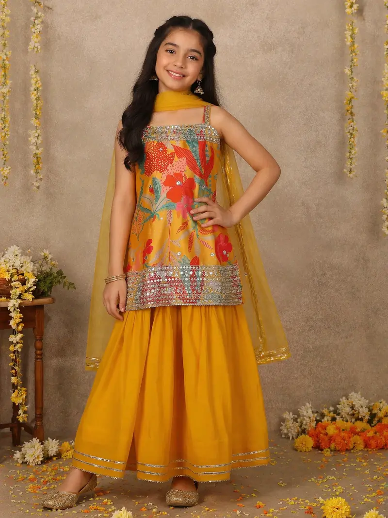 Mustard Yellow Flora Printed Design Georgette Kids Sharara Suit With Dupatta 1