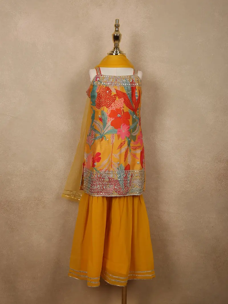 Mustard Yellow Flora Printed Design Georgette Kids Sharara Suit With Dupatta 2