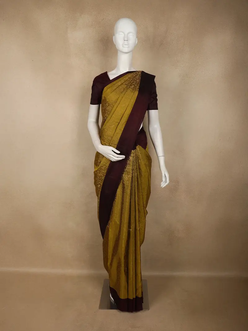 Mustard Yellow Floral And Animal Motif Woven Design Soft Silk Fancy Saree With Contrast Border 1