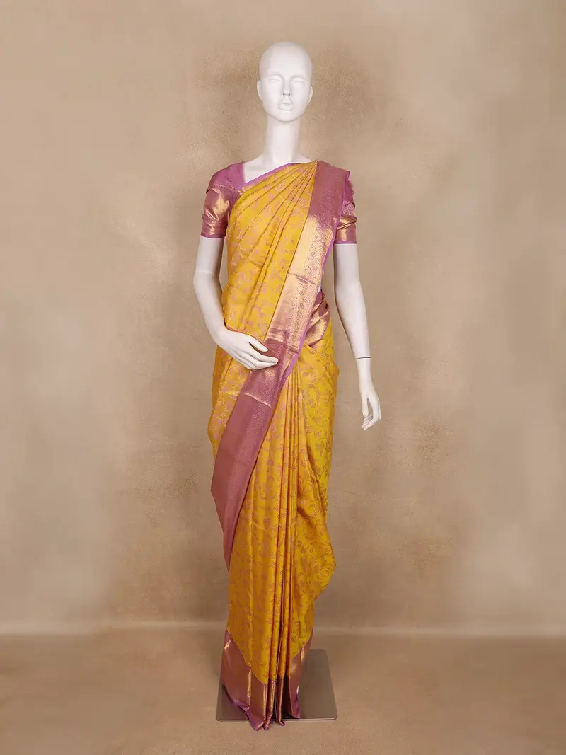 Mustard Yellow Floral And Birds Woven Design Pure Kanchipuram Silk Saree 1