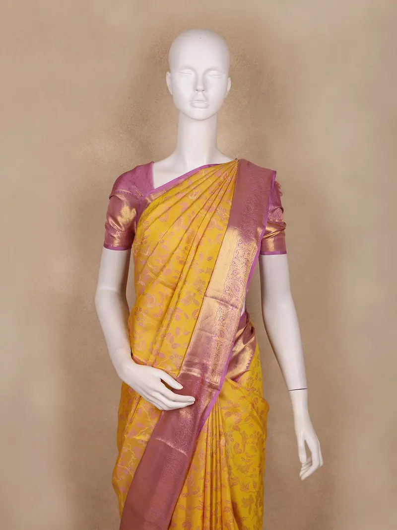 Mustard Yellow Floral And Birds Woven Design Pure Kanchipuram Silk Saree 2