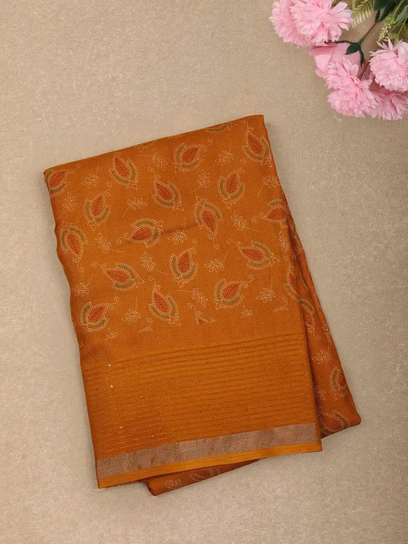 Mustard Yellow Floral And Paisley Printed Design Crepe Saree With Sequins Border 1