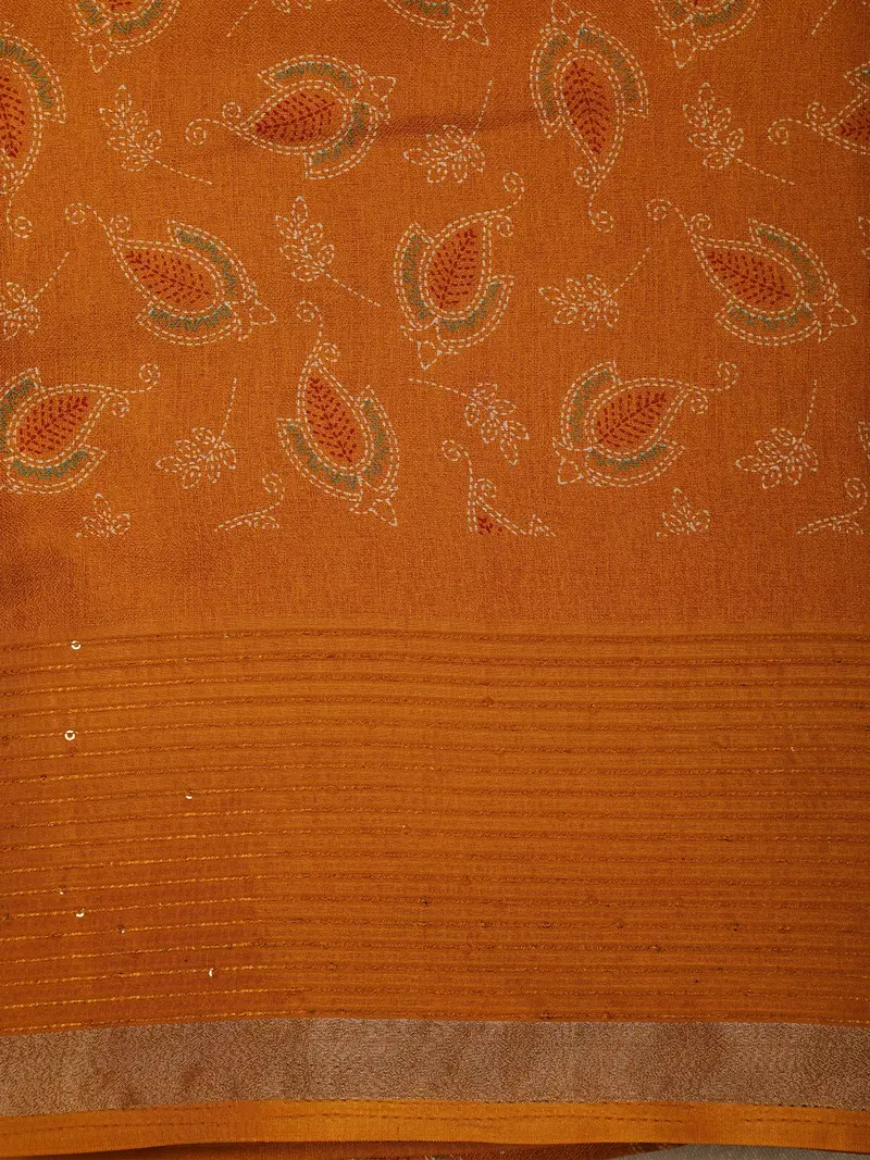 Mustard Yellow Floral And Paisley Printed Design Crepe Saree With Sequins Border 2