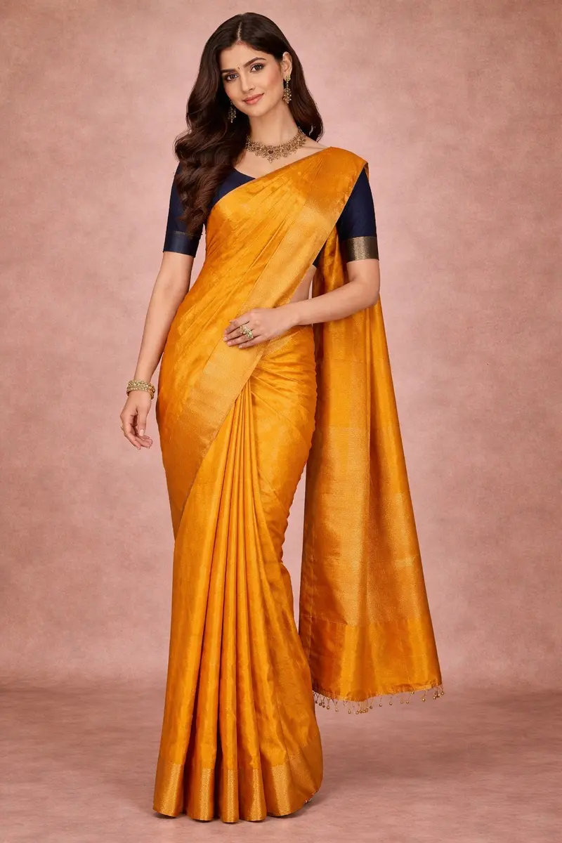 Mustard Yellow Floral And Stripes Woven Pure Kanchipuram Silk Saree 1