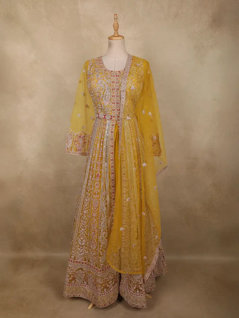 Mustard Yellow Floral Beads And Zari Embroidered Design Net Mastani Lehenga With Dupatta 1