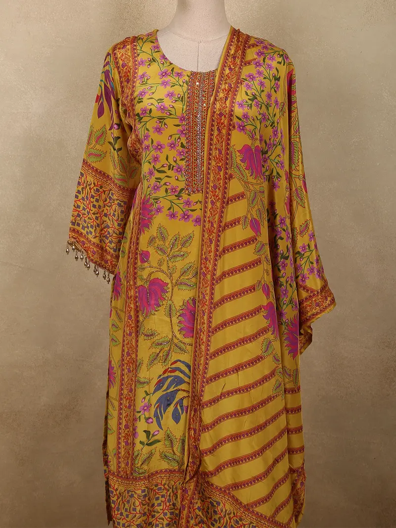Mustard Yellow Floral Beads Embroidered Design Crepe Silk Salwar Suit 2