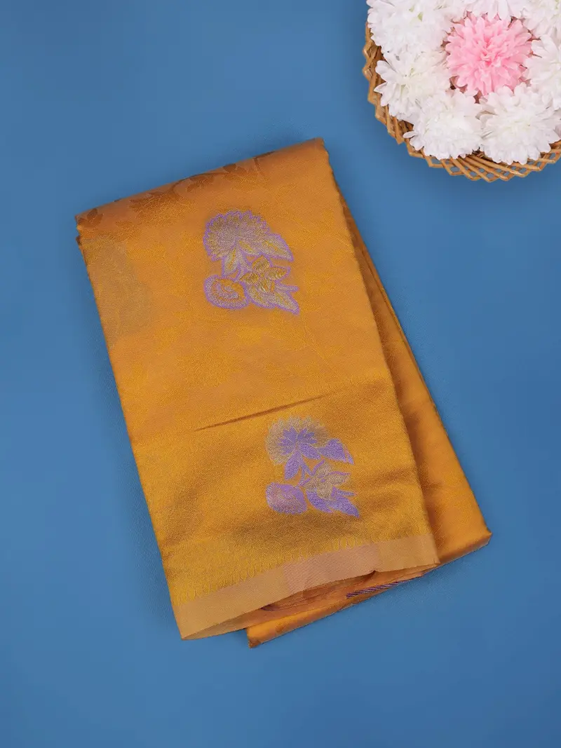Mustard Yellow Floral Butta Design Fancy Art Silk Saree 1